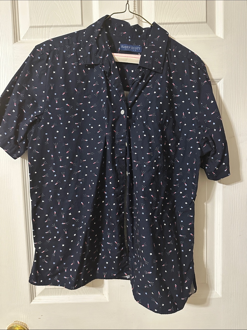 Karen Scott Navy Short-Sleeve Button-Down Shirt with Micro Floral Print